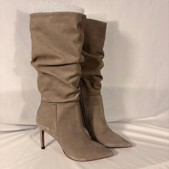 BCBGMaxAzria Toni KidSuede Taupe Slouch Stiletto Pointed Toe Knee High Boots